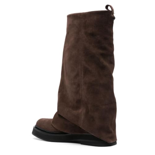 Platform Mid-Low Heel Calf Boots for Women - Round Toe Cowgirl Pull-On Chunky Booties for Wide Calf3