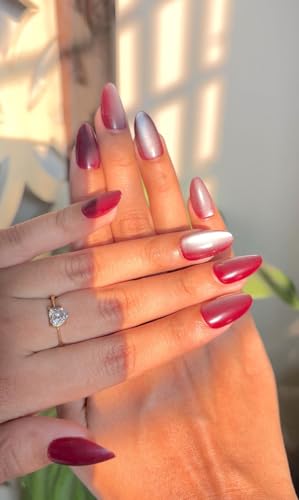 Image of Stick on Nails False Nails Nail Extension Press on Nails Glossy Wine Red Almond Shape Korean Abs Reusable Artificial Manicure for Women and Girls