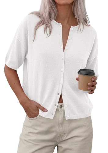 PRETTYGARDEN Women Spring Short Sleeve Cardigan Sweaters Button Down Knit Shirt Blouse Dressy Casual Tops 2026 Summer Outfits (White,Large)