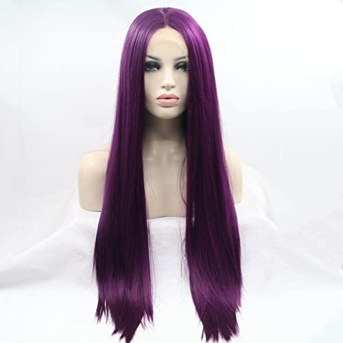 Xiweiya Dark Purple Long Silky Straight Hair Wigs Synthetic 13 * 3 Lace Front Wigs Middle Part Heat Resistant Hair Natural Hairline Cosplay Wigs - Image 2