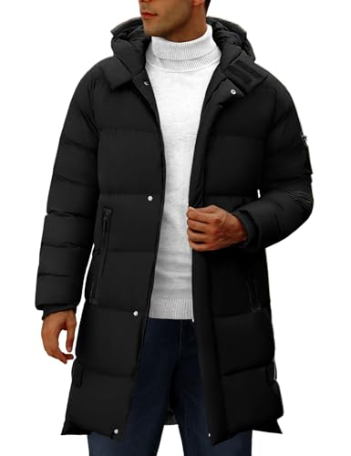 CMTOP Chaqueta Hombre Invierno Largo Cálido Acolchado Algodón Abrigo Casual Elegante Parka con Capucha Gruesa Cremallera Viento Chaquetón Impermeable al Aire Libre Abrigos(Negro, M)