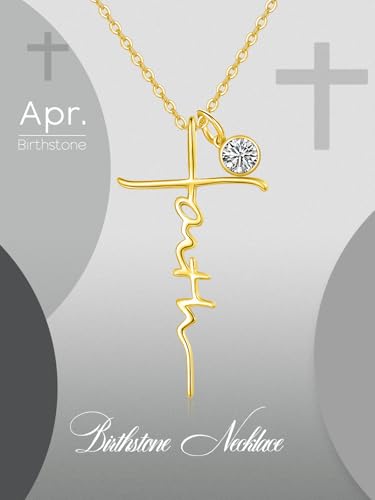 Faith Necklace for women, Wedding Anniversary Birthday Gifts for Wife Her Mom, White Gold/14K Gold/Rose Gold Cross Jewelry, Womens Christian Jewel with Birthstone Pendant4