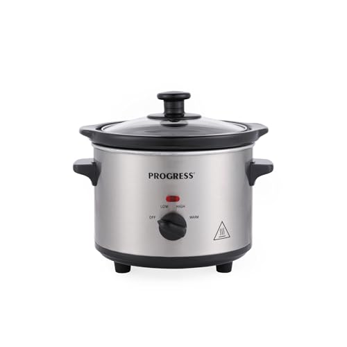 Progress 1.5L Slow Cooker – 3 Heat Settings, Keep Warm Function, Dishwasher Safe Ceramic Pot, Adjustable Controls, Cool-touch Handles, Tempered Glass Lid, Single Person Cooking, EK6263P