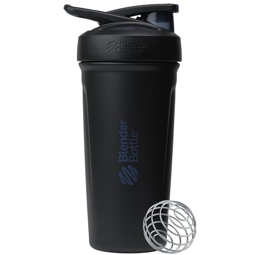 BlenderBottle Sport Shaker Cup Insulated Stainless Steel Water Bottle with Wire Whisk, 24-Ounce, Black