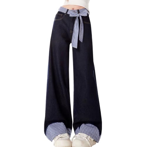 Fashion High Waisted Straight Leg Jeans Y2K Casual Cute Plaid Bow Tie Drawstring Patchwork Denim Pants