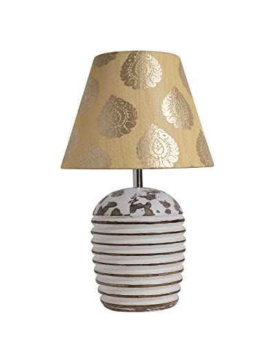 Image of Homesake Wooden Table Lamp for Bedroom | Bedside Lamp with Fabric Shade | E27 Holder with Bulb Included | Warm Light Night Lamp for Living Room, Study Table & Home Decor, Gold Leaf Shade