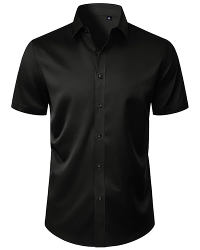ROUWELL Mens Short Sleeve Button Down Shirts Solid Stain Resistant Flex Dress Shirt Business Casual Formal Tops Black Large