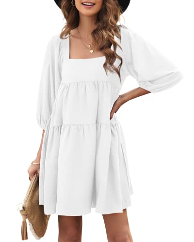 Blencot Women's Summer Square Neck Puffed Sleeve Mini Dresses Backless Lace Up Bohemian Badydoll Dresses White Small #TOP16
