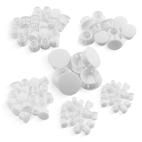 Suiwotin 300pcs 6 Sizes Assorted Plastic Hole Plugs, Flush Type Hole Plugs, Snap in Locking Hole Tube, 3/16", 1/4", 5/16", 3/8", 1/2", 1" Furniture Post Pipe Insert End Caps (White)