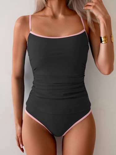 Image of Eomenie Women's Tankini Swimsuits Two Piece Tummy Control Bathing Suit Color Block Slim Swimwear with High Waisted Bottom