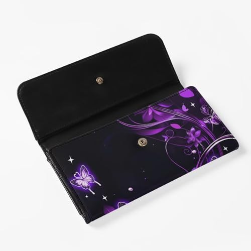 Image of AFPANQZ Womens Wallets, Leather Trifold Multi Card Holder Slots Wallet, Purple Butterfly Print Elegant Clutch Phone Holder Trifold Purses Zip Coins Pocket, Buckle Closure Clutch