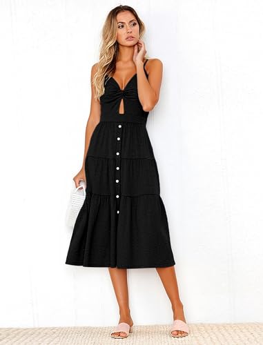Image of Angashion Women's Dresses-Summer Floral Bohemian Spaghetti Strap Button Down Swing Midi Dress