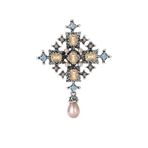 Image of Vintage Cross Rhinestones Pearl Teardrop Brooches Lapel Pins for Women Girls Dainty Boho Crystal Pin Dress Suit Bouquet Ceremony Accessories Jewelry Valentine's Day Gifts