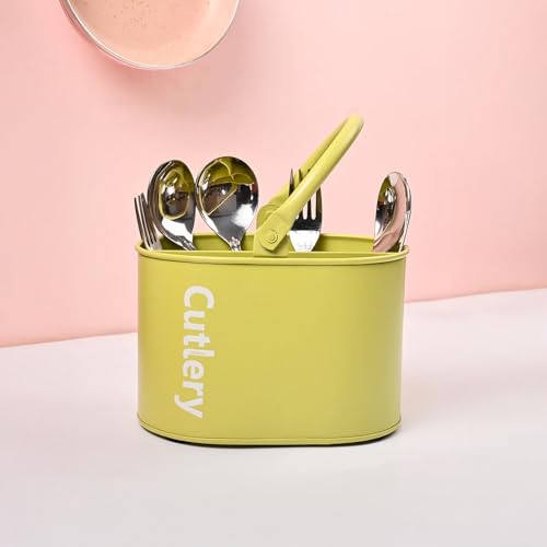 Image of MARKET 99 Galvanised Iron Mint Green Oval Cutlery Holder with Matte Finish | Knife and Fork Holder for Kitchen | Cutlery Stand | Dining Utensil Rack for Dining Table