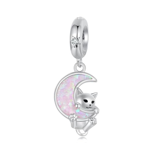 Ciondoli charm gatto luna opale rosa argento sterling 925 ciondoli pendenti compatibili con braccialetto collana Pandora per donne, keineKeine Größe verfügbar, Argento sterling, Zirconia cubica