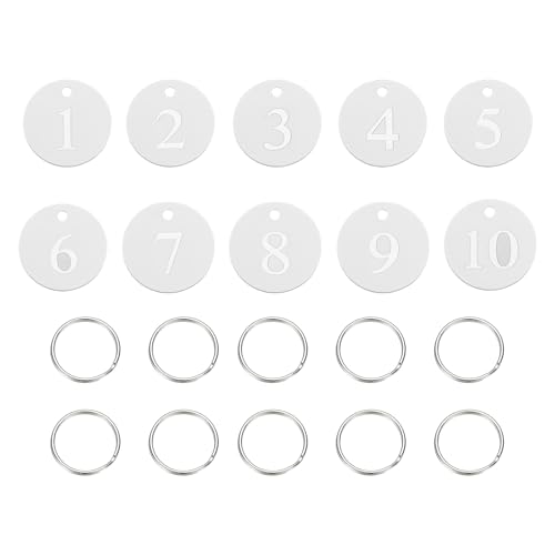 PATIKIL 10 etiquetas numéricas del 1 al 10, llaveros numerados de aluminio redondo de metal con llaveros para organizador, perchas de ventas de campo, etiquetas de ropa, identificación, color plateado