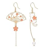 Orecchini a goccia adorabili con ventaglio sakura rosa smaltato e motivo gatto gioielli floreali eleganti accessori regali primavera (Bianco)