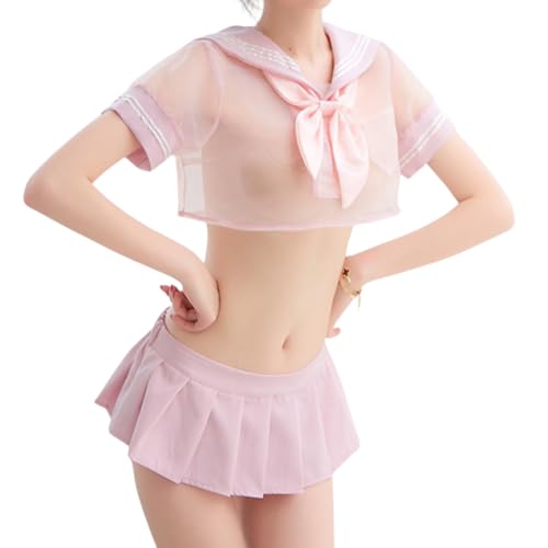 Gatamiau Colegiala japonesa Cosplay Vestido Completo Lencería Sexy Uniforme Marinero JK Uniforme Anime Kawaii Ropa Interior Completo Falda Plisada Disfraz de Halloween (Rosa)