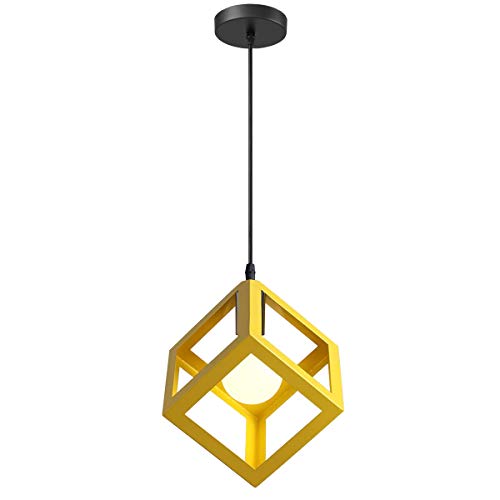 iDEGU Lámpara Colgante Moderna en Forma de Cubo Lámpara de Plafón de Estilo Geométrico de Metal E27 Lámpara de Techo para Dormitorio, Salón, Restaurante - 16 cm, Amarillo