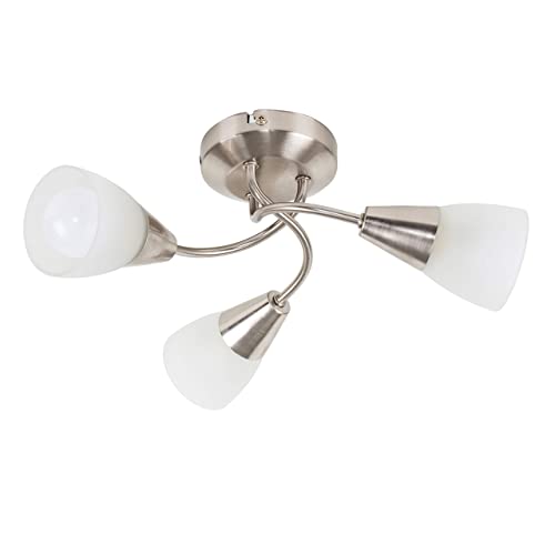 MiniSun Modern 3 Way Brushed Chrome Ceiling Light Fitting with Frosted Glass Shades - Complete with 4w LED Golfball Bulbs [3000K Warm White]