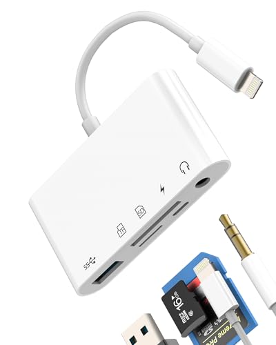 Lector Tarjetas SD Lightning(5 en 1)OTG USB 3.0 Adaptador Reader Card Micro SD para iPhone14 13 12 Pro Max 3.5mm Auriculares Audio para iPad Cargador Conector para Apple Cámara TF Memoria Thunderbolt