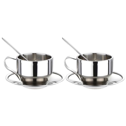 Amigocee Ensemble de Tasses à Café IsoléEs - Tasses à Espresso en Acier Inoxydable à Double Paroi Tasse à Thé Latte Cappuccino avec Soucoupe et CuillèRe 125Ml (Lot de 2)