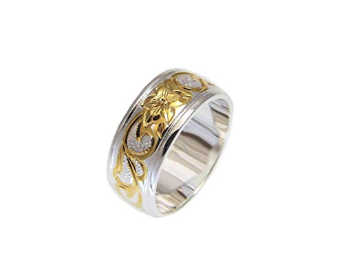 Arthur's Jewelry 925 sterling silver Hawaiian queen scroll 2 tone yellow gold plated 8mm smooth edge band ring size 3-14