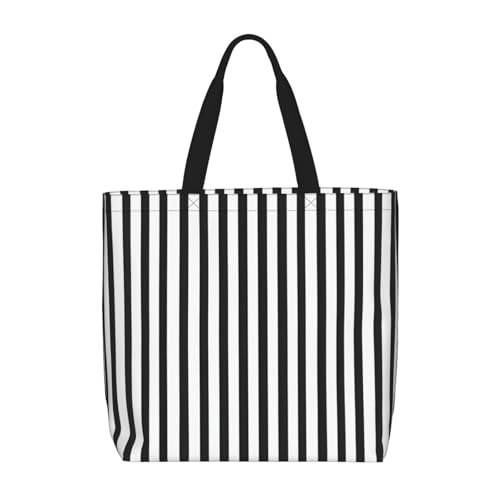Black & White Stripe Print Tote Bags, Large Capacity Zipper Shoulder Bag, For Shopping, Work, Daily