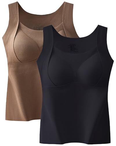 GXJIXf Thickened Warm Tank Top with Shelf Bra, Women Winter Thermal Tank Top, Push-up and Lift Breast, Skin-Friend Cashmere Silk (Black+Coffee,XXL)