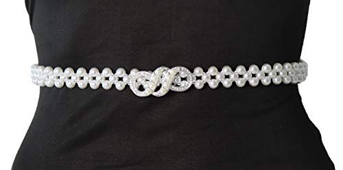 Women Stretch Pearl Belt,Rhinestones Interlocking Buckle Dress Elastic Waist Belts for Party Dress and Wedding Dresses Sash2