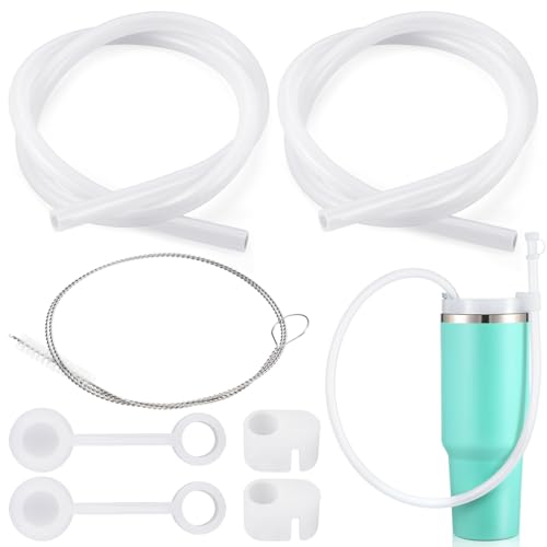 Baderke 2 Set Extra Long 35 Reusable Silicone Straws Compatible with 40 oz Tumbler Large Water Wine Bottle Flexible Drinking Straws & Cleaning Brushes Tumbler Accessories(Clear)