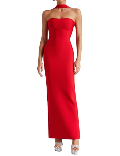 Amazon.com: Red Strapless Sleeveless Maxi Evening Dress Sexy Halter Neck  Slim Tight Party Banquet Bandage Dress : Clothing, Shoes & Jewelry