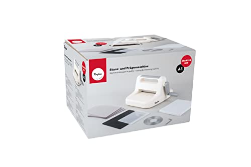 Rayher Stanz-und Prägemaschine A5, mit verschiedenen Stanzplatten und Prägeschablonen, Starter Kit, Öffnung 15,8 cm, 15-tlg., flexibel durch handliche Größe, in praktischer Tragebox, 50272000