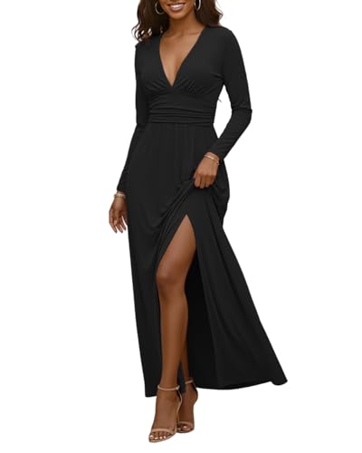 Image of Womens Backless Dress Sexy Halter Deep V Neck Maxi Dresses Sleeveless Long Cocktail Dress with Slit