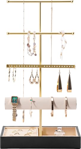 Lolalet 5段ジュエリーホルダー ブレスレットディスプレイラック ベルベットラップブレスレットバージュエリー収納スタンド ネックレス バングル 腕時計 シュシュタワー リングスロット付き