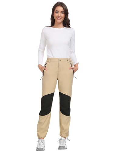PASUDA Damen Wanderhose Wasserdicht Skihose Softshellhose Thermohose Fleece Gefüttert Winter Hosen Schneehose Winddicht Warm Arbeitshose Trekkinghose Langlaufhose Knie-Reibungsschutz (Khaki, L)