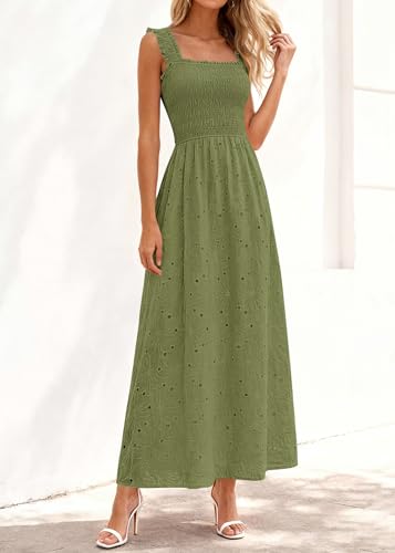 Image of KIRUNDO Summer Lace Dress for Women Eyelet Maxi Sundress | Boho Sleeveless Cotton Flowy Long Dresses, Wedding Guest, Beach Vacation, Baby Shower Guest Dress, Smocked Bust, With Pockets