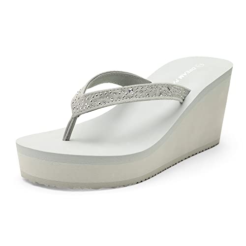 DREAM PAIRS Women's Platform Flip Flop Rhinestones Arch Support Comfortable Soft Cushion Wedge Flip Flops Summer Thong Sandals 10 Grey