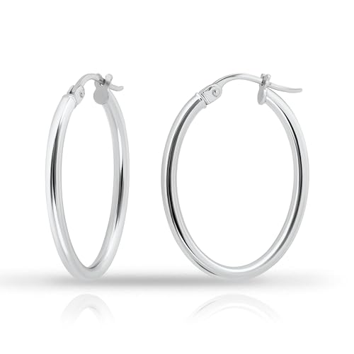 Hoops & Loops 925 Sterling Silver 2mm Oval Click-Top Hoop Earrings for Women, Sizes 15mm 20mm 25mm 30mm 35mm 40mm