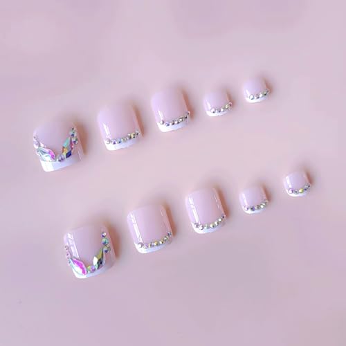 Image of Rhinestone Press on Toenails White French Tip Fake Toe Nails Shiny False Toenail with Design Summer Beach Toenail Press ons Glossy Reusable Artificial Acrylic Stick on Toes for Women Manicure 24Pcs