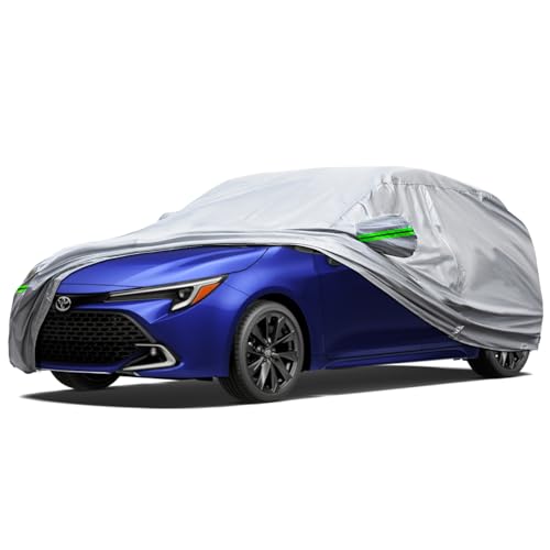 Image of 6-Layer Full Car Cover is All-Weather Waterproof, All Seasons, Snow Prevention Rainproof, Acid Rainproof, Sunscreen, Ultraviolet-Proof, Fits Hatchbacks up to 173 inch, Green Reflective Strip