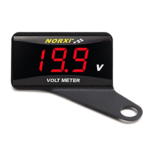 Motorcycle Digital Voltmeter DC 12V Voltage Meter Waterproof Volt Meter for Car Motorcycle with Low Voltage Alarm Function (Red with Right Bracket)