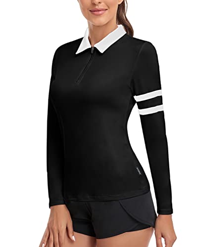 Soneven Women's Long Sleeve Golf Polo Shirts Moisture Wicking Quick Dry Half-Zip Pullover Athletic Workout Striped Tops (Black, X-Large) #TOP21