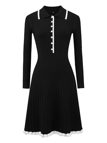 Women's Midi Sweater Dress Knitted Ribbed A-Line Long Sleeve Dresses
