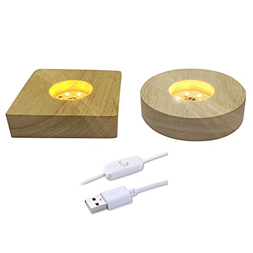 CDIYTOOL Lot de 2 bases de présentation LED en bois, base de présentation pour cristal, verre, résine, carré et rond, couleur chaude Cover