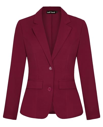 Womens Blazer Notched Lapel Button Front Suit Jackets Long Sleeve Lightweight Pocketed Blazer for Bussiness Casual (Wine Red L)