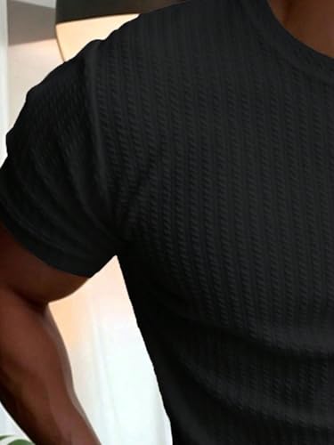 Image of Men's Textured Rib Knit T-Shirt | Premium Stretch Fabric | Crew Neck | Half Sleeve | Slim Fit Casual Solid T-Shirt for Men