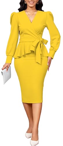 Image of Dresses for Women Elegant Long Sleeves Ruffles Pencil Knee Length Split Business Dress with Belt Zipper