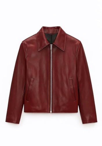 Image of EXOTIX Burgundy Leather Crop Jacket for Men | Collared Zip-Up Classic Style | Crop Fit Racing Sports Bomber Jacket for Casual Wear