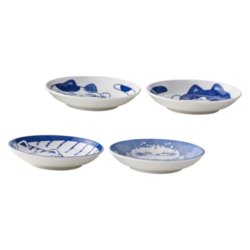 OUNONA 4Pcs Japanese Style Ceramic Sauce Dish Cat Pattern Dipping Plates for Condiments Fruits Appetizers Lightweight Versatile Dinnerware for Home Use